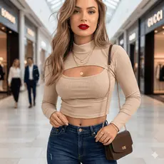 Cropped Corsellet manga Longa Gola Alta Com Decote e Recorte Tendência Outono Cropped Decote Vazado Cropped Feminino