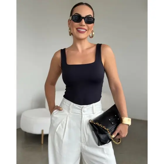 Kit 2 Blusas Feminina Regata Decote Quadrado Reto Suplex Verão Basica Lisa Moda Elegante Tendencia Bolgueira