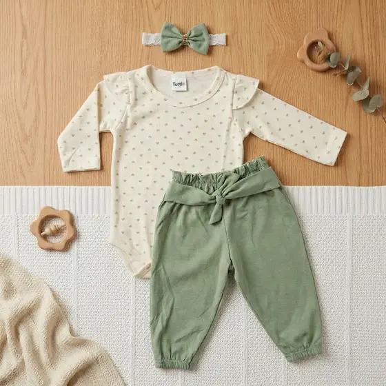 Conjunto Infantil Bebê Menina Body Manga Longa Calça Com Amarração E Faixa De Cabelo Algodão Estampado