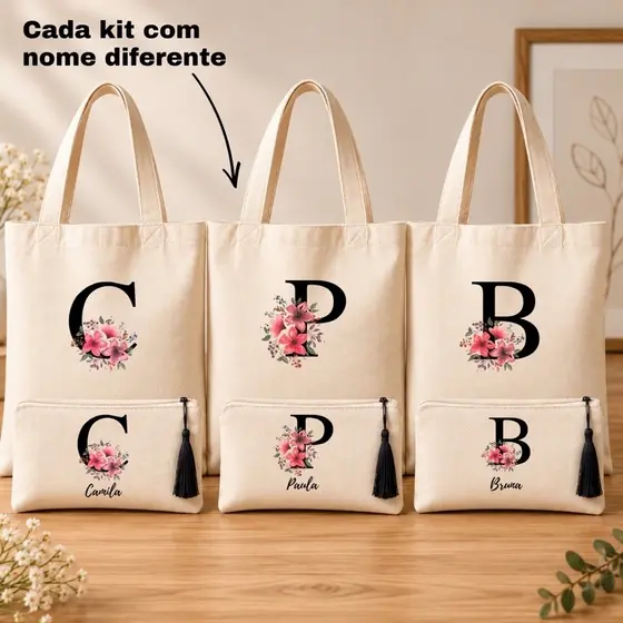 Kit BOLSA COM NOME Ecobag + Necessaire Algodão Cru Personalizado com Nome, Arte ou Logo lembranca mimo empresa