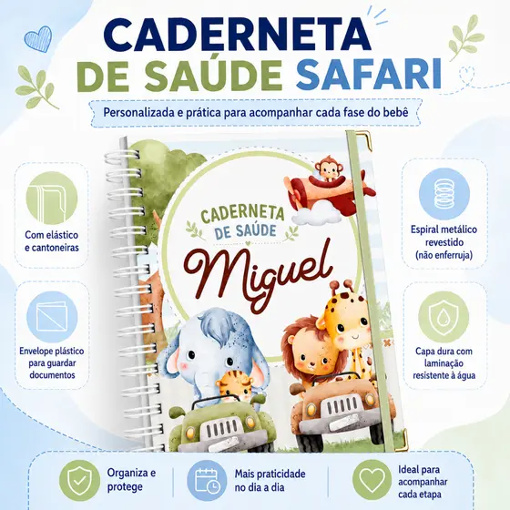 Caderneta de Saúde/Vacina Safari Menino Personalizada A5 Capa Dura com Nome e Bolso Canguru