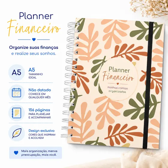 Planner Financeiro A5 Não Datado 156 Páginas Capa Dura Wire-o Controle de Gastos e Finanças Suas Contas Organizadas