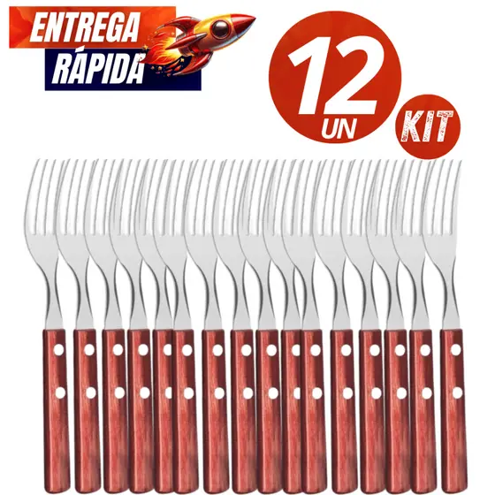 Conjunto Talher 12/06  Garfo Garfos inox com Cabo de Madeira Faqueiro Linha Premium Casa Culinária