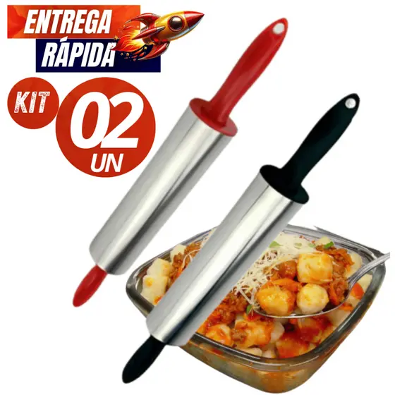 Kit 02/01 Unidades - Rolo de Massa Cilindro de abrir Massa Inox com Cabo PVC 37,5cm  Linha Premium Qualidade Máxima