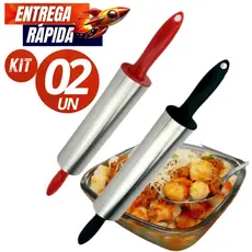 Kit 02/01 Unidades - Rolo de Massa Cilindro de abrir Massa Inox com Cabo PVC 37,5cm Linha Premium Qualidade Máxima