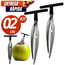 Jogo Kit 02/01 Furador Abridor de Coco Inox Fura Coco em Casa Praia Bares e Restaurantes Premium