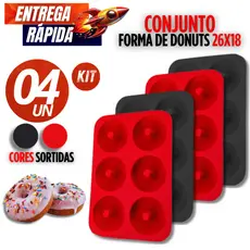 Conjunto 04/02 Peças - Formas Donuts 6 Cavidades 26Cm De Rosquinhas De Silicone Resistente Preto Ou Vermelho Premium