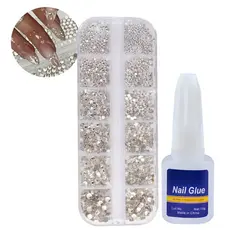 Estojo Kit Strass Prata 12 Grades Para Decoração + Cola Para Unhas 10g Com Aplicador Tips