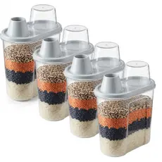 Kit 4 Pote Multiuso 1,9L Para Lavanderia e Cozinha Com Medidor Sólidos e Líquidos Dispenser de Ração Milho Arroz Feijão