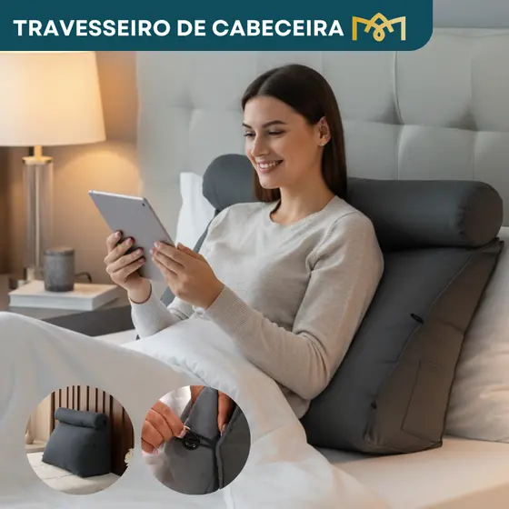 Travesseiro De Cabeceira C/ Rolo Cervical Anatômico Suede Premium Fibra Siliconada Extra Conforto