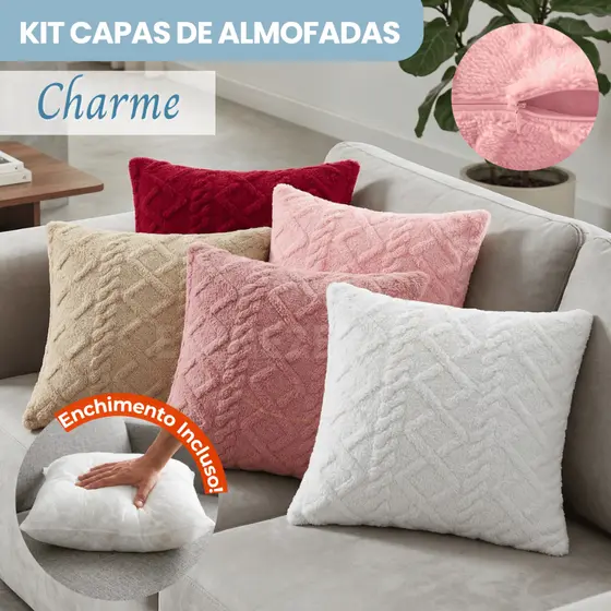Kit Capas De Almofada 2 E 4 Unidades + Enchimento Charme Pelúcia Wave Soft Toque Aveludado Premium