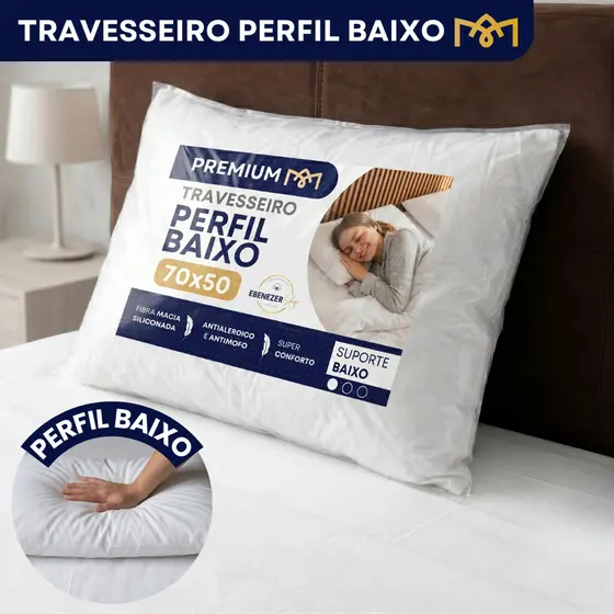 Travesseiro Perfil Baixo 70x50cm Fibra Siliconada Macia Antialérgica Suporte Suave Premium