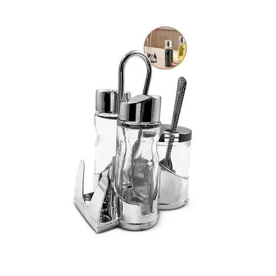 kit galheteiro aço inox vidro suporte porta temperos grande 4pçs bico dosador garrafa vinagre sal azeite