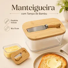 Manteigueira com Espátula e Tampa de Bambu Porta Frios 700ml