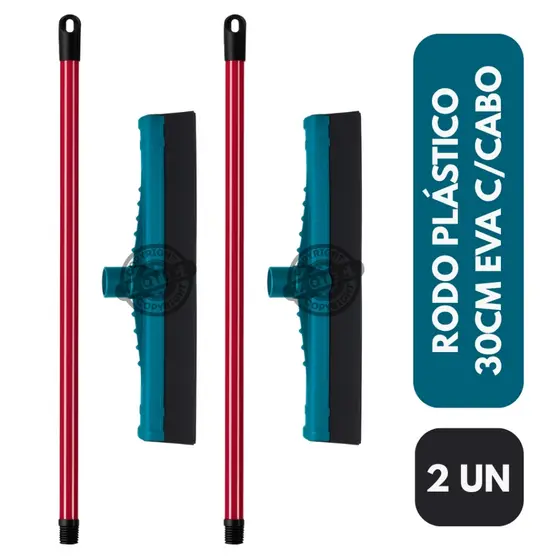 2 Rodos Plástico 30cm EVA Duplo com Cabo – Secagem Rápida, Puxa Água Forte, Limpeza Eficiente Turbo