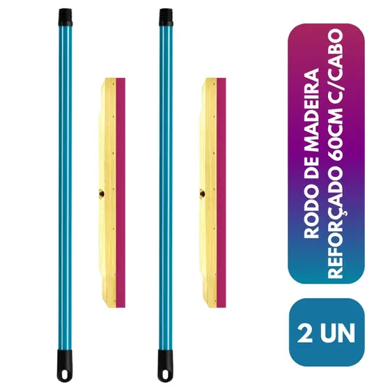 2 Rodos Madeira Duplo 60cm Grande EVA Reforçado Com Cabo Puxa Seca Limpa Piso Cozinha Quintal Oferta
