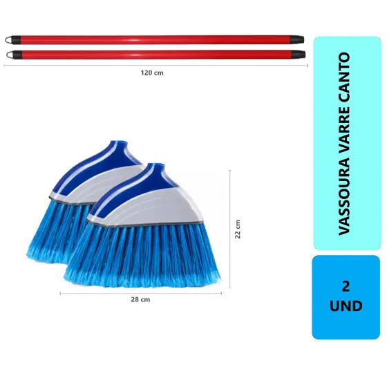2 Vassouras Cantoneira Nylon Plumado Reforçada Varre Canto Limpeza Precisa Multiuso com Cabo Premium