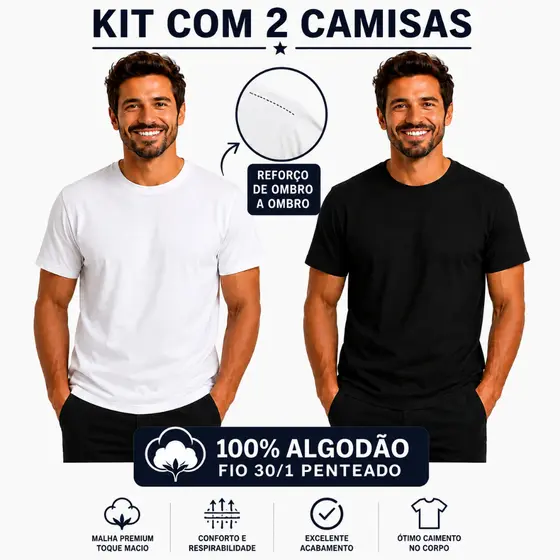 KIT 2 CAMISETAS MASCULINAS 100% ALGODÃO – FIO 30/1 PENTEADO PREMIUM Reforço Gola e Ombro
