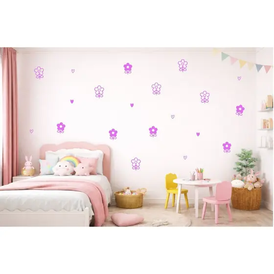Adesivo de Parede Infantil Flores e Corações Kit Decorativo Quarto Bebê Menina Colorido