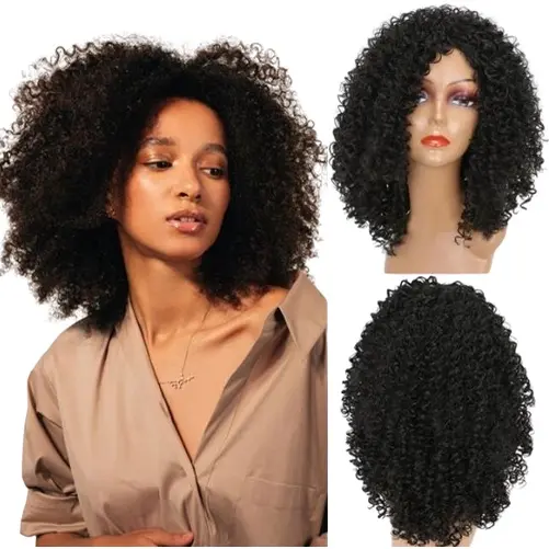 Peruca Lace Wig cacheada Afro Fibra Futura 60cm Preta