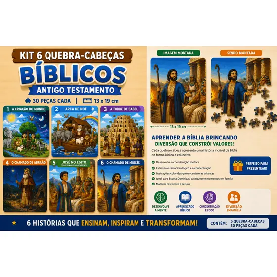 Jogo infantil Quebra-Cabeças Bíblicos 6 unidades– Antigo Testamento | 30 Peças | 13x19 cm | Educativo Infantil