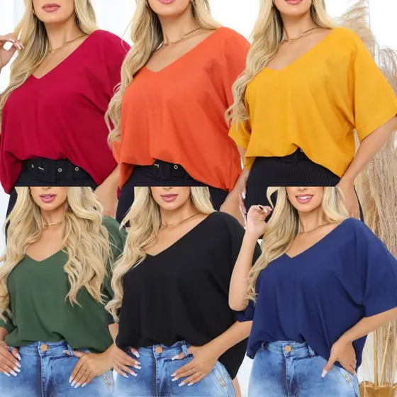 Blusa Feminina Elegante Blusinha Decote Gola V Manga Morcego Primavera Verão