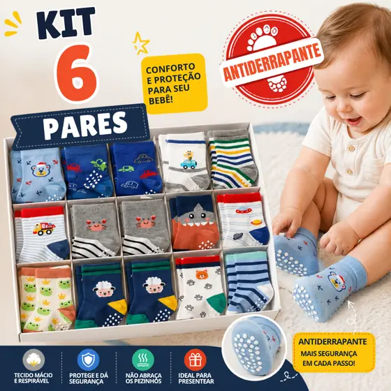 Kit Meia Bebê Antiderrapante 6 Pares Sapatilha Recém Nascido Primeiros Passos Menino Menina