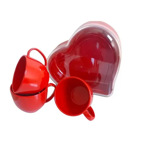 Caixa Coração Acrílico com 3 Xícara Vermelho de Chá Acrílico Presente Namorados Dia das Mães