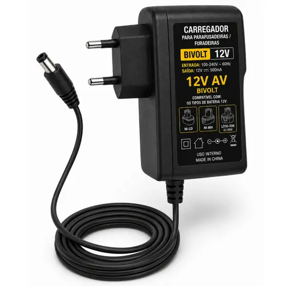 Carregador de Bateria de Lítio 12V para Parafusadeira e Furadeira com Conector Cilíndrico