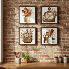 Kit 4 Quadros Decorativos Cozinha Panelinha E Flores Para Cantina Área Externa Hall De Entrada