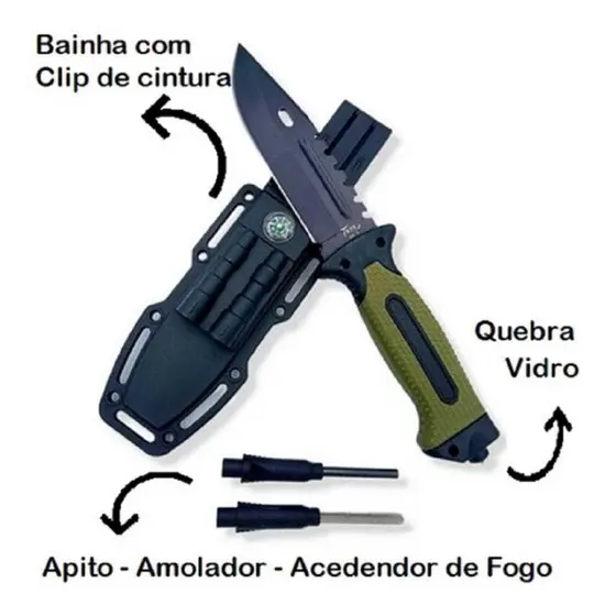 Faca KIT COM Bússola Amolador Apito Pederneira A232