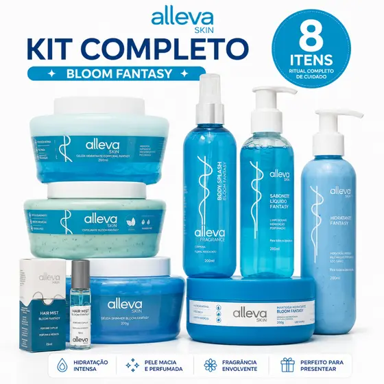 Kit Alleva Bloom Fantasy Completo 8 Itens Body Splash Hidratante Geleia Esfoliante Sabonete Hair Mist