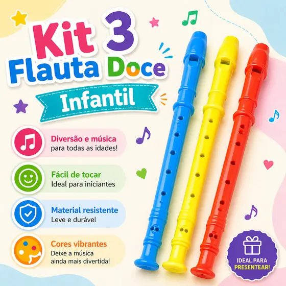 3 Flauta Doce instrumento Brinquedo Infantil Musica Kit Festa Lembrancinha
