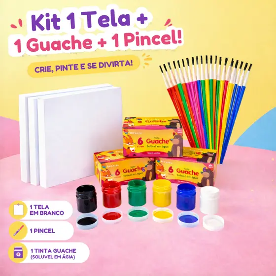 Kit 1 Tela Para Pintura 15x15 + 1 cx Tinta Guache  + 1 Pincel Artística Artesanato Escolar Lembrancinha