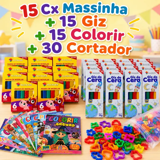 15 Massinha Modelar + 15 Giz de Cera + 15 Colorir + 30 Cortador p/ Kit Festa Lembrancinha Infantil