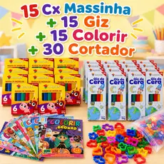 15 Massinha Modelar + 15 Giz de Cera + 15 Colorir + 30 Cortador p/ Kit Festa Lembrancinha Infantil