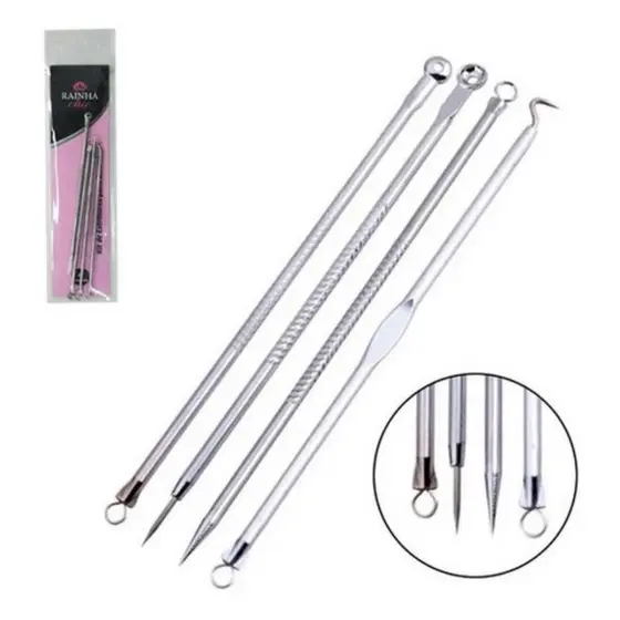 Kit Extrator de Cravos e Espinhas 4 Peças em Metal Limpeza de Pele Profissional