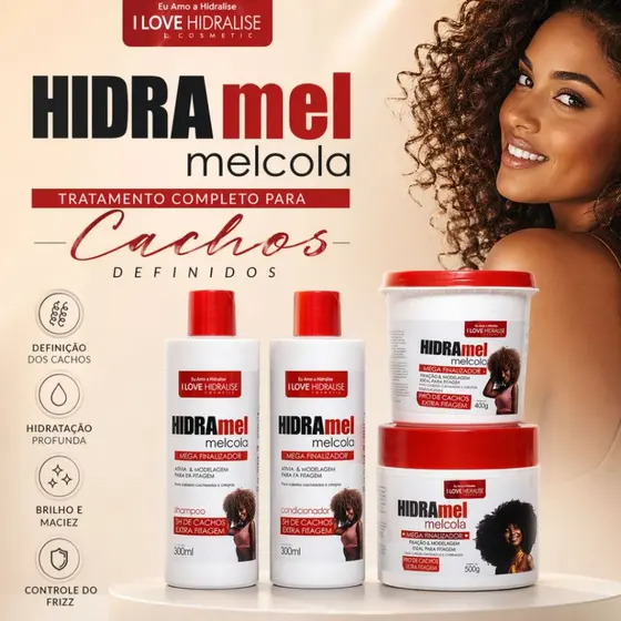 Kit Hidramel Cachos Shampoo Condicionador Máscara Finalizador Definição Tratamento Completo