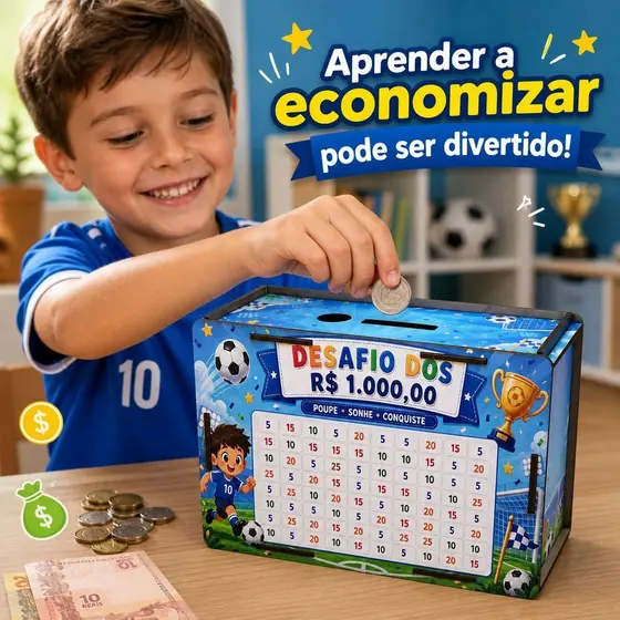 Cofrinho Desafio 1000 Reais Futebol Infantil Menino Cofre MDF copa do mundo