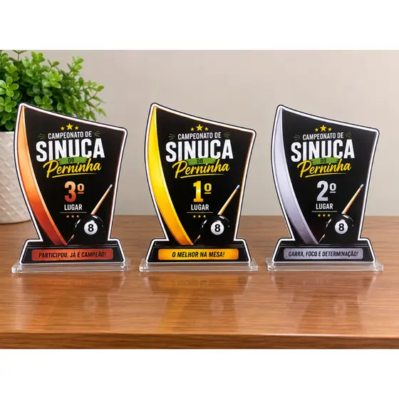 KIT  Troféu Sinuca Personalizado 1º, 2º E 3º LUGAR– Premiação Torneio entre Amigos | Decoração Festa | Brinde Evento