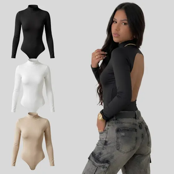Kit 3 ou 2 ou 1 Body Feminino Manga Longa Decotado Costas Nua Suplex Premium Gola Modelador Elegante
