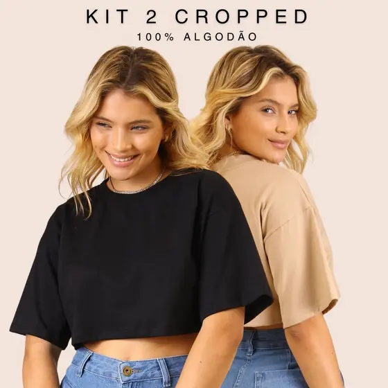 Kit 2 T-Shirt Cropped Feminina Básica 100% Algodão Confortável Manga Curta Casual Confortável Tendência