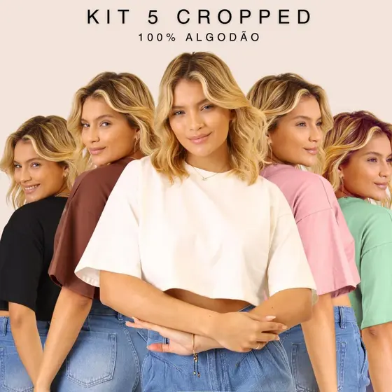 Kit 5 Camisetas Cropped Femininas Oversized 100% Algodão T-Shirt Básica Soltinha Manga Curta Confortável Casual