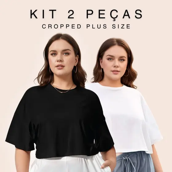Kit 2 T-Shirt Cropped Plus Size Feminina Oversized 100% Algodão Camiseta Básica Soltinha Confortável
