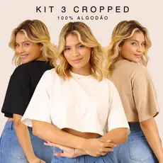 Kit 3 Blusinhas Cropped Femininas Oversized 100% Algodão T-Shirt Básica Soltinha Manga Curta Confortável Casual