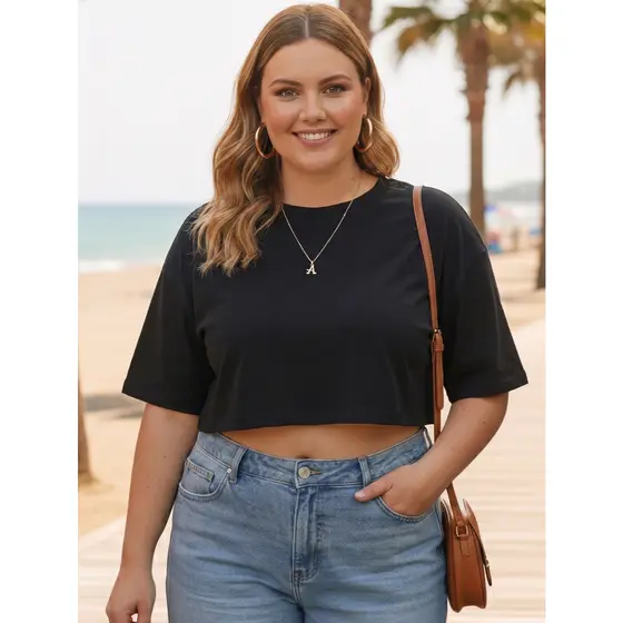 Camiseta Cropped Feminina Plus Size 100% Algodão T-Shirt Oversized Blusa Básica Soltinha Manga Curta Premium