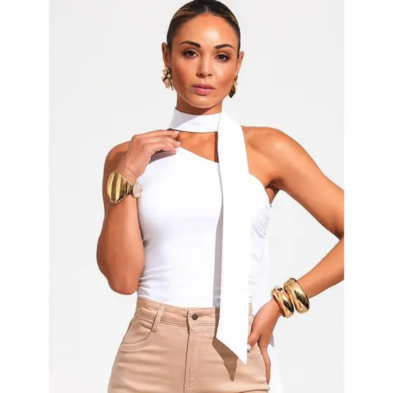 Top Regata Feminina Um Ombro Só Assimétrica Cropped Drapeado Lateral Mula Manca Alça Única Casual