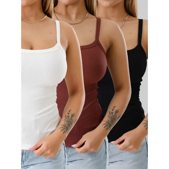 Kit 3 Blusas Regata Feminina Canelada Alcinha com Elastano Casual Básica Dia a Dia