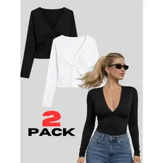Kit 2 Blusas Manga Longa Decote V Feminina Forro Duplo Transpassado Suplex Premium Justa Acinturada Básica Casual