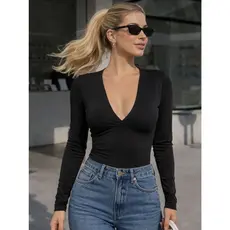 Blusa Feminina Manga Longa Gola V Decote Profundo Suplex Forro Duplo Justa Acinturada Casual Confortável
